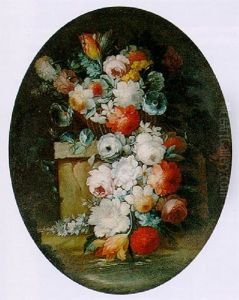 Still Life Of Various Flowers Pouring Out Of A Basket Onto A Stone Plinth