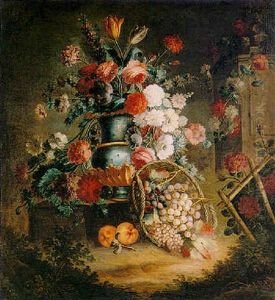 Still Life Of Various Flowers In A Vase, Peaches And A Basket Full Of Grapes, Leaning On A Stone Plinth In A Rose-garden