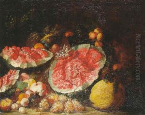 Nature Morte Aux Fruits, Coing, Pasteques Eclatees, Peches, Raisins Blancs, Noir Et Citron by Michele Antonio Rapous