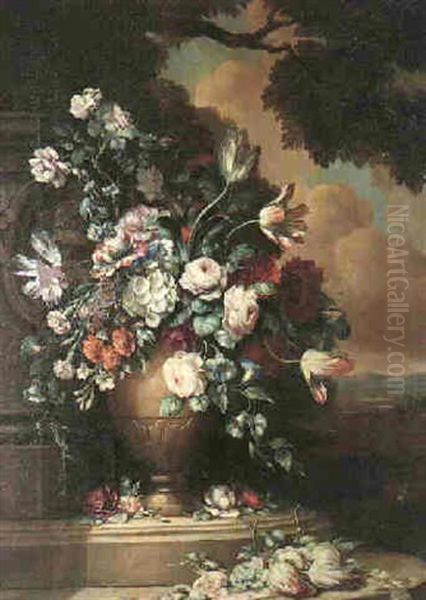 Still Life Of Flowers In A Stone Vase Beside A Stone Balustrade In A Garden - view 1