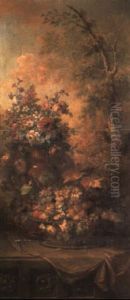 Flowers In Terracotta Vases And Fruit In Wicker Baskets... by Michele Antonio Rapous