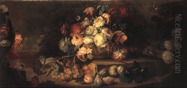 Bouquet De Fleurs Et Fruits Disposes Dans Un Paysage - view 1