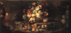 Bouquet De Fleurs Et Fruits Disposes Dans Un Paysage by Michele Antonio Rapous