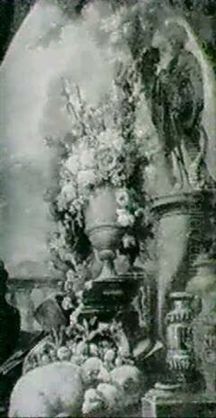 Nature Morte De Fleurs Et Fruits Et Moutons Pres D'une      Statue Antique - view 1