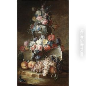 Nature Morte Con Vasi Di Fiori E Frutta (pair) by Vittorio Amedeo Rapous