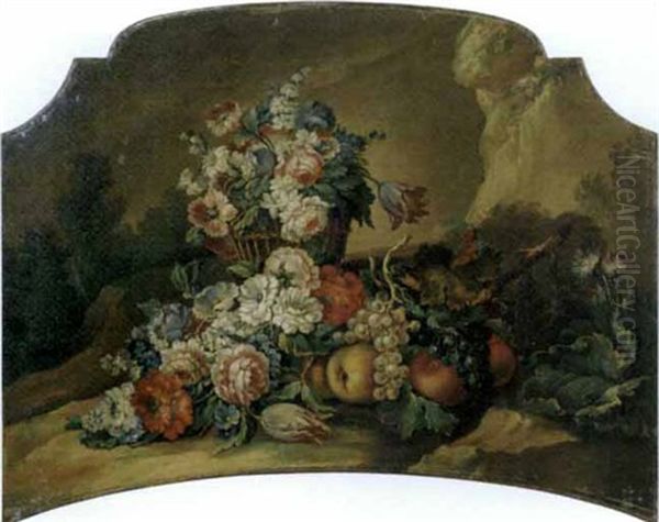 Rose, Tulipani Ed Altri Fiori In Un Cesto Con Uve, Pesche E Fiori En Plein Air (+ Rose, Garofani, Peonie Ed Altri Fiori In Un Vaso Di Vetro Con Uve E Pesche In Una Coppa Di Vetro En Plein Air; 2 Works - view 1