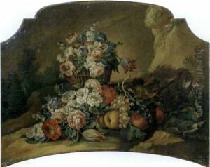 Rose, Tulipani Ed Altri Fiori In Un Cesto Con Uve, Pesche E Fiori En Plein Air (+ Rose, Garofani, Peonie Ed Altri Fiori In Un Vaso Di Vetro Con Uve E Pesche In Una Coppa Di Vetro En Plein Air; 2 Works by Vittorio Amedeo Rapous