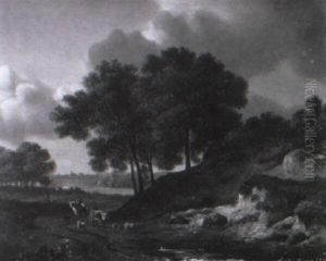 Waldweg Mit Einem Reiter Und Einem Bauern Mit Vieh Vorn In Der Mulde by Johann Rudolf Rapp