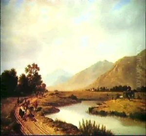 Flusslandschaft Mit Bauern Und Kuhen by Johann Rudolf Rapp