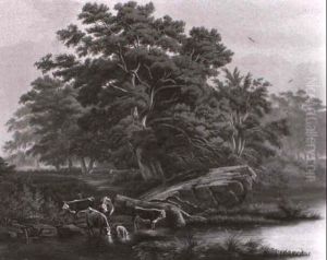 Baumbestandene Flusslandschaft Mit Kuhen by Johann Rudolf Rapp