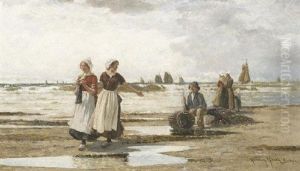 Sommer An Der Hollandischen Kuste. Fischerjunge Im Gesprach Mit Zwei Madchen Sommer An Der Hollandischen Kuste. Fischerjunge Im Gesprach Mit Zwei Madchen