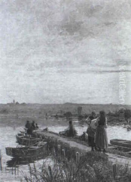 W,scherinnen Und Fischer Am Steg Am Seeufer - view 1