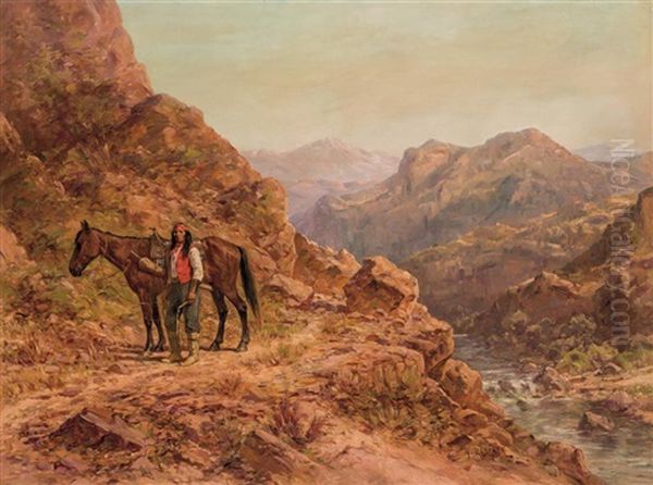 Native American With Red Bandana And Horse - view 1