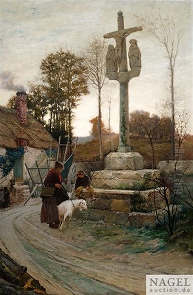 Bauerin Mit Ziegen An Einem Wegkreuz - view 1