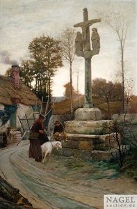 Bauerin Mit Ziegen An Einem Wegkreuz