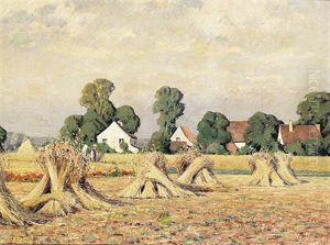 Erntelandschaft Mit Aufgestellten Kornmieten by Alfred Rasenberger