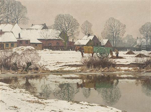 Winterlich Verschneites Gehoft Am Niederrhein Mit Bauer Auf Dem Feld - view 1