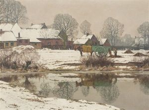 Winterlich Verschneites Gehoft Am Niederrhein Mit Bauer Auf Dem Feld by Alfred Rasenberger