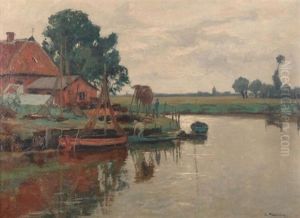 Sommertag Am Niederrhein. Vorn Am Ufer Fischer Vor Ihrer Kate, Am Horizont Ein Kleines Kirchdorf by Alfred Rasenberger