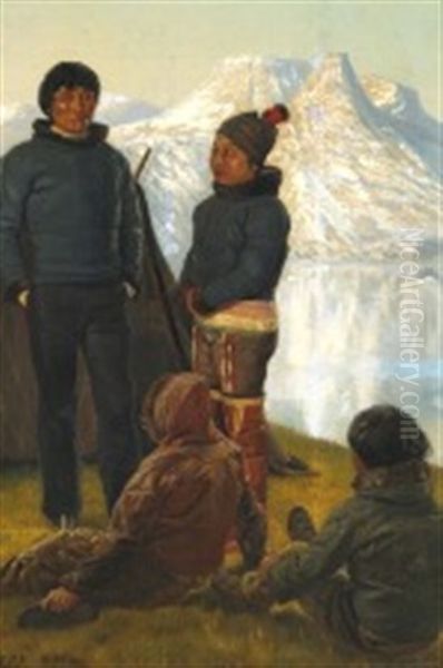 A Greenlandic Family At A Fjord - view 1
