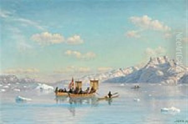 Umiaks And Kayaks In A Greenlandic Fjord On A Summer Day - view 1