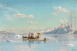 Umiaks And Kayaks In A Greenlandic Fjord On A Summer Day