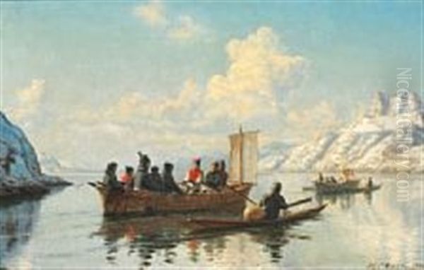 Summer Day In A Greenlandic Fjord With Umiaqs And Kayaks - view 1