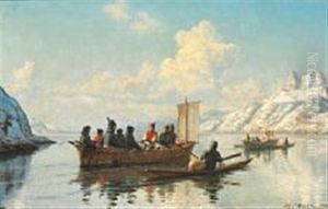 Summer Day In A Greenlandic Fjord With Umiaqs And Kayaks