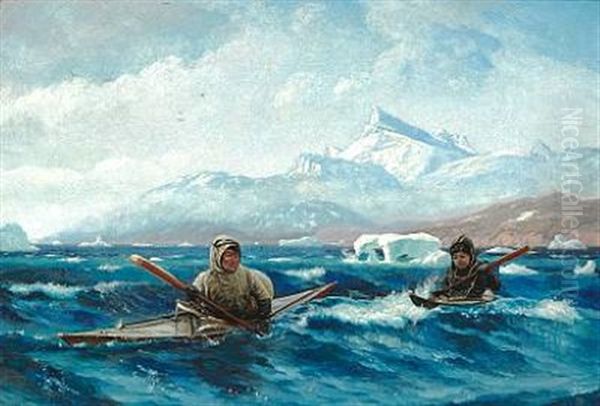 A Sealer With His Son In Kayak On A Fiord In Greenland - view 1