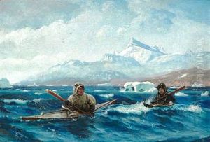 A Sealer With His Son In Kayak On A Fiord In Greenland by Carl (Jens Erik C.) Rasmussen