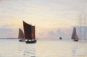 Sailing Ships At Sunset, Presumably In The Archipelago South Of Funen by Carl (Jens Erik C.) Rasmussen