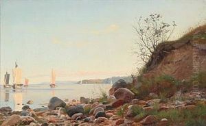 Coastal Scene A Summer Day With Numerous Sailing Ships On The Sea by Carl (Jens Erik C.) Rasmussen
