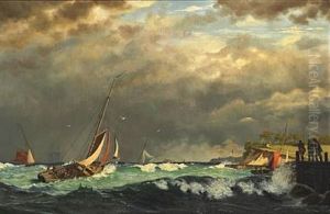 Sailing Boats Off A Harbour In Stormy Weather. Presumably From The Island Of Aero