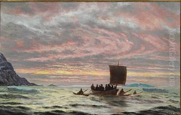 View From Greenland With Inuits In Their Boats In The Sunset - view 1