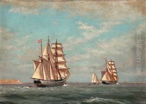Seascape With Two Brigantines Near A Coast by Carl (Jens Erik C.) Rasmussen