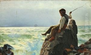 Coastal Scenery With Boy Playing On The Rocks by Carl (Jens Erik C.) Rasmussen