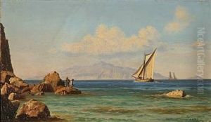 View From Southern Europe With Two Boys Fishing From A Rock Near The Coast by Carl (Jens Erik C.) Rasmussen