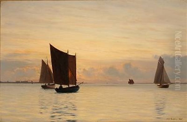 Sailing Ships In The Sunset (in The Archipelago South Of Funen?) - view 1