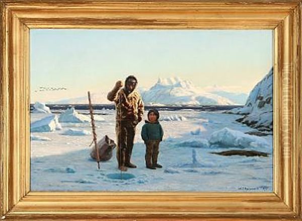 Two Inuits - Father And Son - Fishing At Kangersuneq (godthaab Fiord), Greenland - view 1