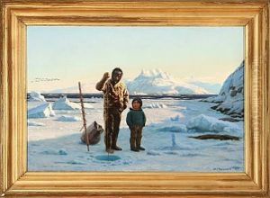 Two Inuits - Father And Son - Fishing At Kangersuneq (godthaab Fiord), Greenland by Carl (Jens Erik C.) Rasmussen