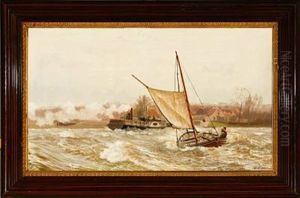 The Paddle Steamer Frits Juel And A Fishing Dinghy In The Fairway Between Svendborg And Tasinge Island by Carl (Jens Erik C.) Rasmussen