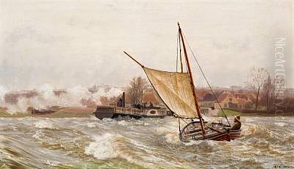Paddle Steamer Frits Juel And A Sailing Ship In An Inlet Off A Town - view 1
