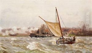 Paddle Steamer Frits Juel And A Sailing Ship In An Inlet Off A Town by Carl (Jens Erik C.) Rasmussen