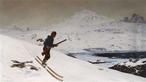 En Gronlandsk Fanger Pa Ski Pa Vej Mod Sit Bytte, Der Allerede Er Taget Af En Rovfugl