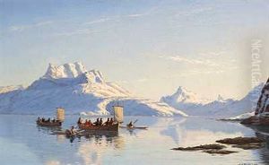 Foraarsdag Paa Godthaabsfjorden I Gronland. I Forgrunden Konebade Og Kajakker