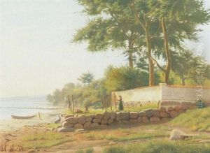 Udsigt Langs Stranden, I Forgrunden Kone Der Boder Garn Udsigt Langs Stranden, I Forgrunden Kone Der Boder Garn