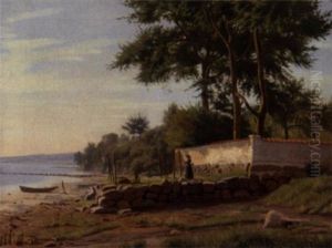 Parti Fra Svendborgsund, En Kone Boder Garn I Strandkanten Parti Fra Svendborgsund, En Kone Boder Garn I Strandkanten