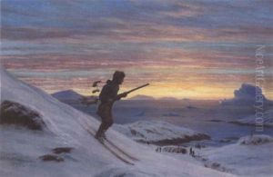 Parti Fra Gronland Med En Rypejaeger Pa Ski Ved Solnedgangstide