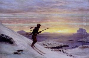 Kystparti Fra Gronland Med En Rypejaeger Pa Ski Ved Solnedgangstide