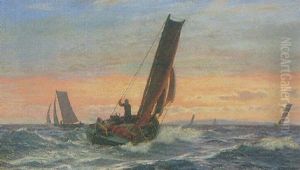 Marine Med Sejlskibe Ved Solnedgang, I Forgrunden Bad Med Tre Koer
